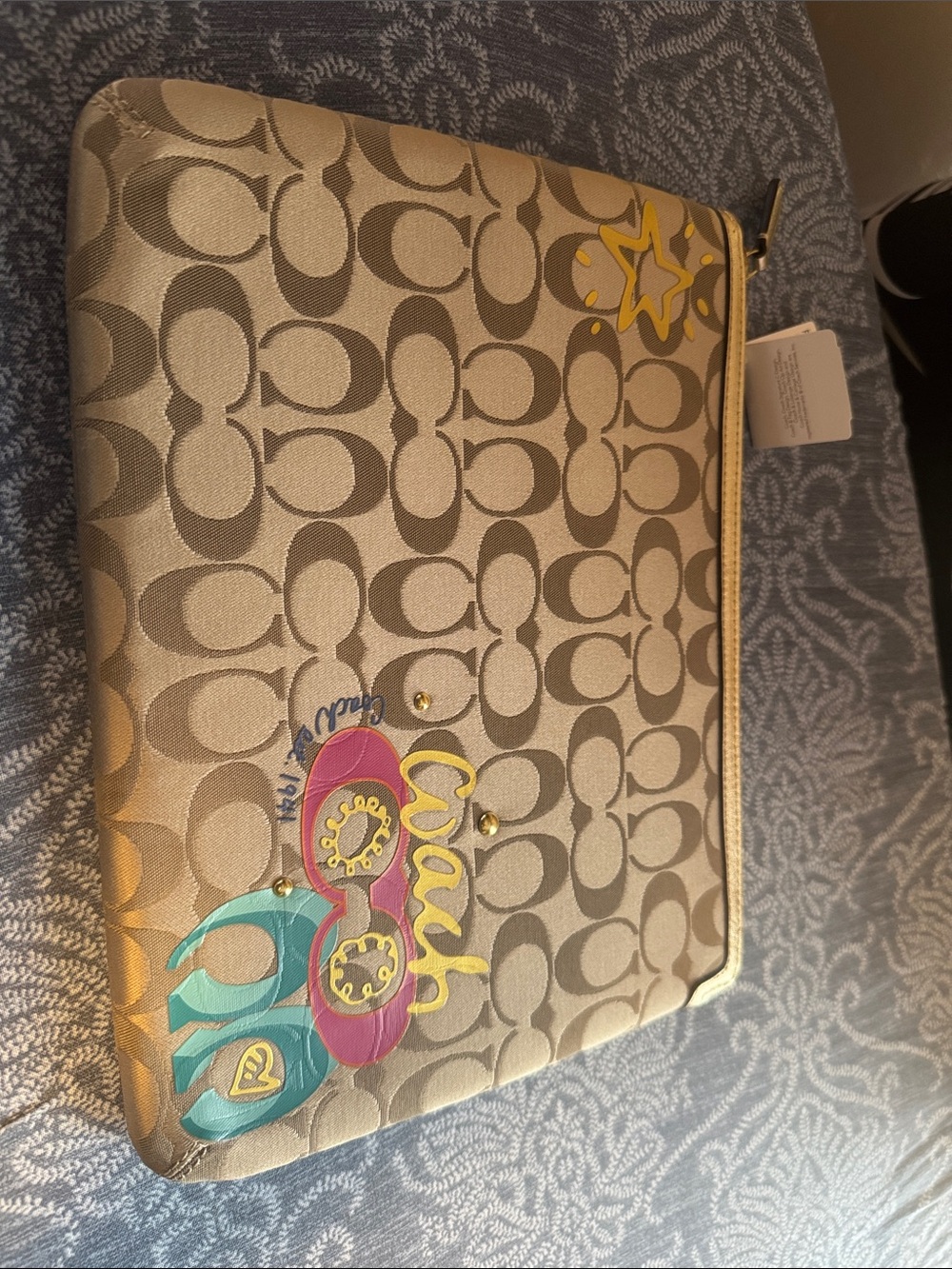 Coach Beige Signature Zip Pouch with Teal, Pink and Yellow Accents